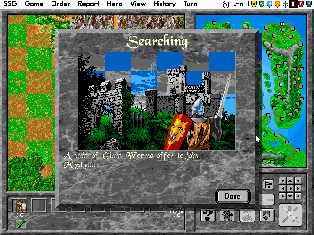Warlords II Deluxe (DOS) screenshot: Hero explorations of ruins can yield units.
