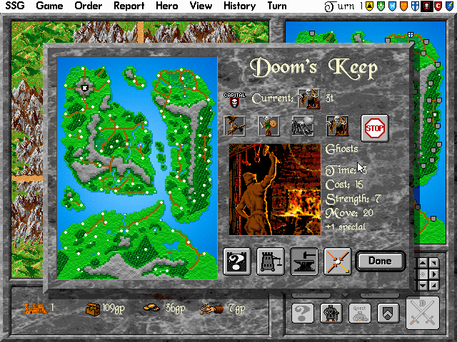Warlords II Deluxe (DOS) screenshot: City activity menu