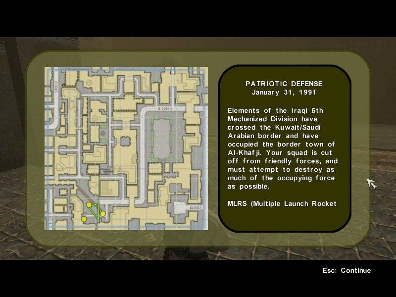 Conflict: Desert Storm (Windows) screenshot: Mission briefings include rough maps and your objectives.