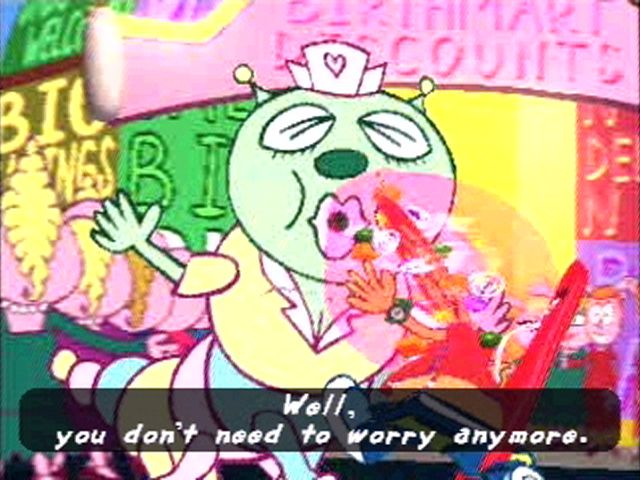 Um Jammer Lammy (PlayStation) screenshot: The candy-vomiting Cathy Pillar ushers Lammy into a nursery.