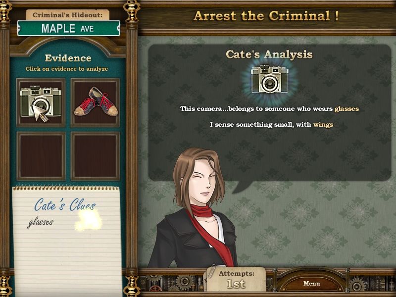 Cate West: The Vanishing Files (Windows) screenshot: As Cate examines the evidence, she gathers clues to the criminal.