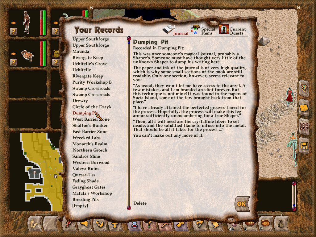 Geneforge 4: Rebellion (Windows) screenshot: The player can always save text that he finds noteworthy, such as recipies, in a special section of his journal.