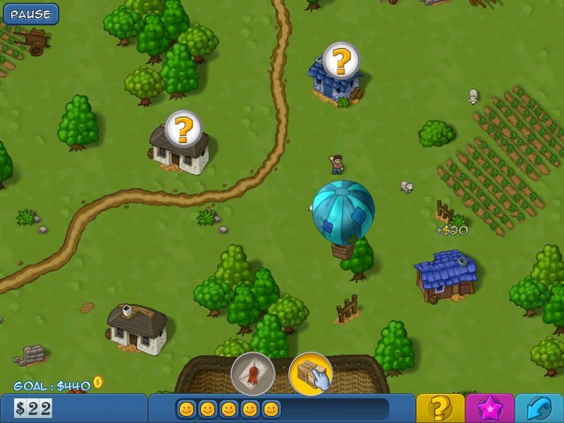 Balloon Express (Windows) screenshot: Now for the real game in story mode. Those "?" marks are the request icons. I have to click on them to start delivering.