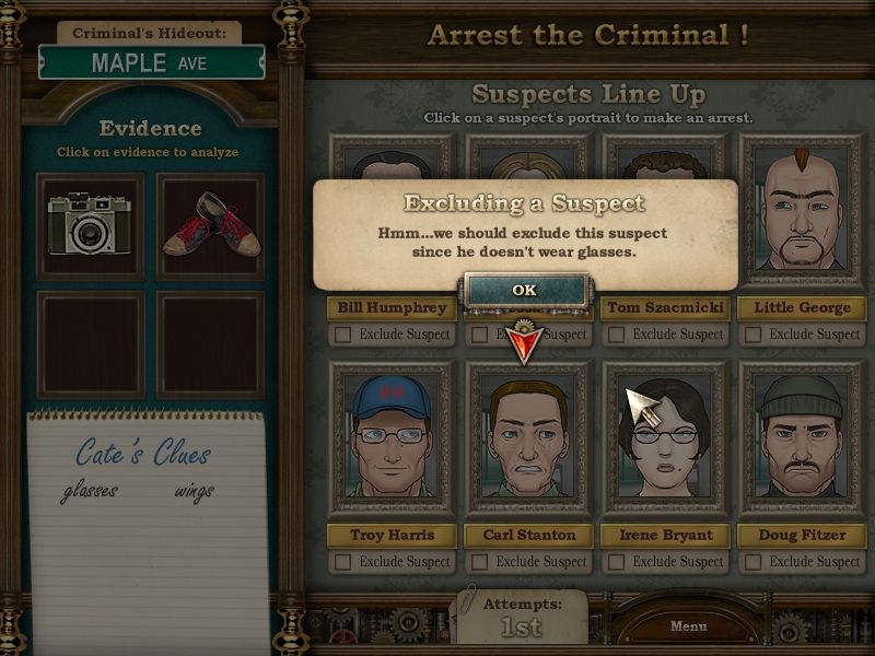 Cate West: The Vanishing Files (Windows) screenshot: She can exclude suspects which don't match with her clues.