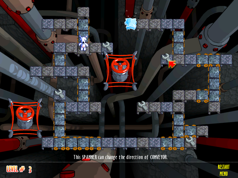 Snowy: Puzzle Islands (Windows) screenshot: The spanners will reverse the direction of one conveyor belt unit.