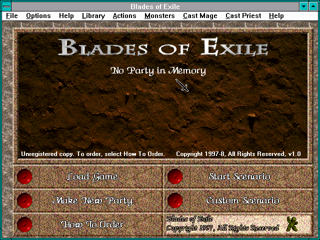 Blades of Exile (Windows 3.x) screenshot: Start menu