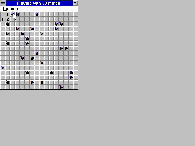 Mines (Windows 3.x) screenshot: Off to a bad start -- hit a mine on my first step!