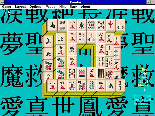 Kyodai Mahjongg (Windows 16-bit) screenshot: Mix it up with a new tile arrangement!