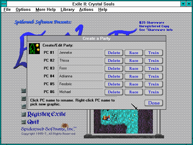 Exile II: Crystal Souls (Windows 3.x) screenshot: Stock party supplied with game.