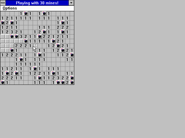 Mines (Windows 16-bit) screenshot: Nearly completed this one!