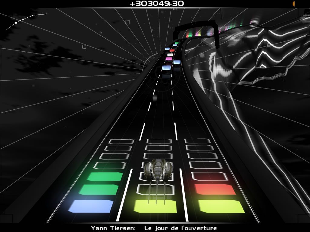 Audiosurf (Windows) screenshot: A slow part, going up the slope.