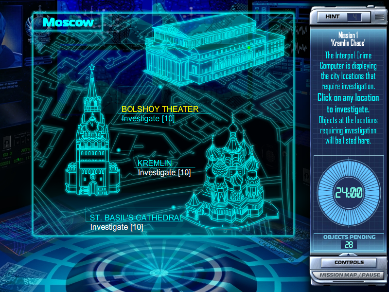 Interpol: The Trail of Dr. Chaos (Windows) screenshot: Level map of Moscow