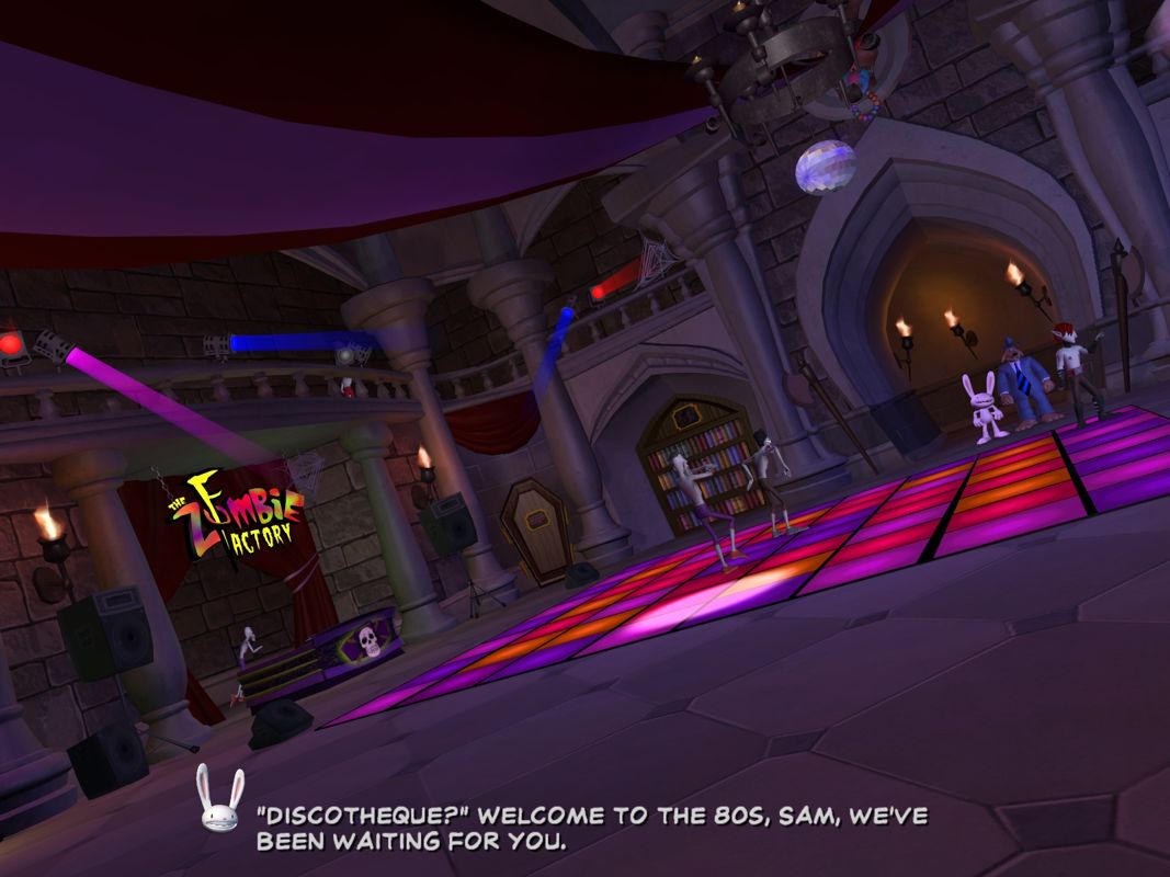 Sam & Max: Season Two - Night of the Raving Dead (Windows) screenshot: The Zombie Factory is a rave club.