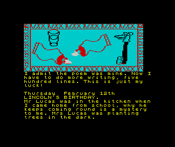 The Secret Diary of Adrian Mole Aged 13¾ (ZX Spectrum) screenshot: Adrian soon finds out why Mr. Lucas was really there