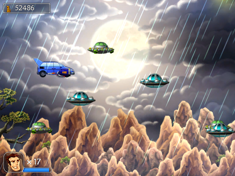 The Tuttles Madcap Misadventures (Windows) screenshot: The van takes to the skies. Thankfully the UFO's aren't armed.