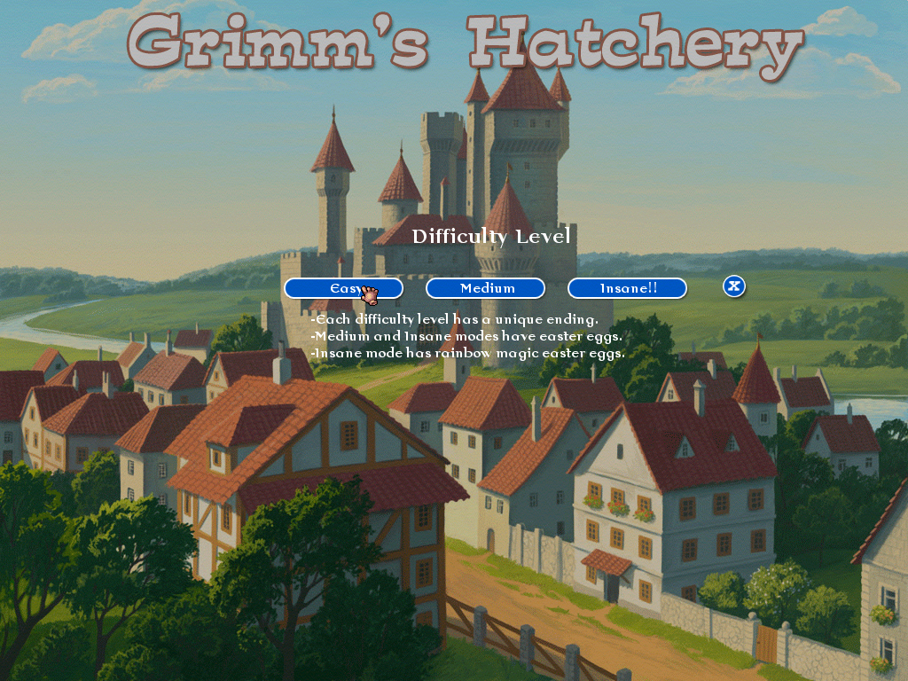 Grimm's Hatchery (Windows) screenshot: Difficulty select. The harder levels contain Easter Eggs. No you can't hatch the easter eggs.