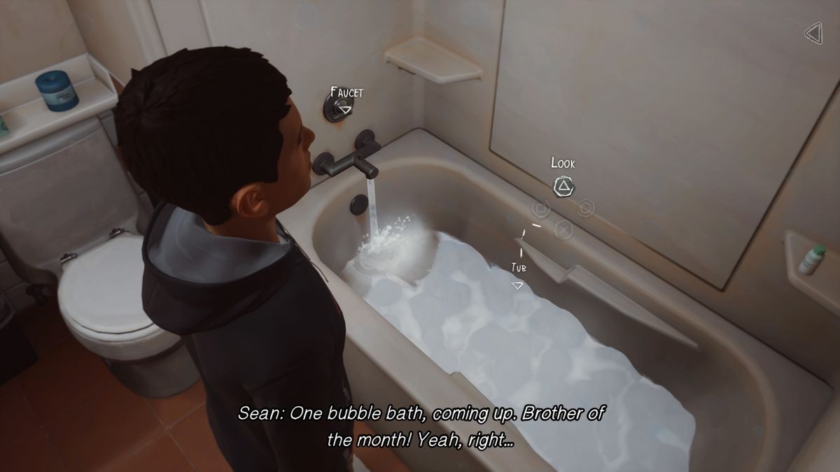 Life Is Strange 2: Episode 1 (PlayStation 4) screenshot: Preparing a bath