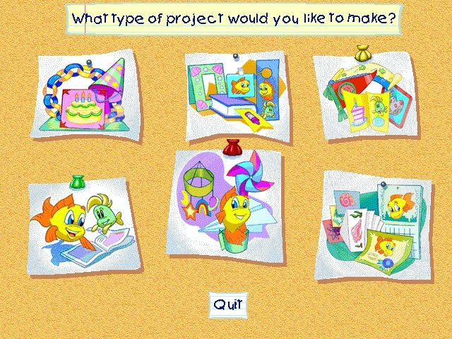 Freddi Fish's One-Stop Fun Shop (Windows) screenshot: The main project screen, showing the 6 project sets.