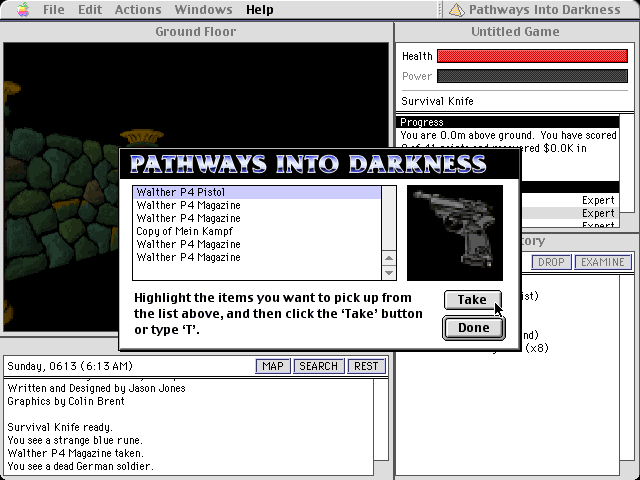 Pathways into Darkness (Macintosh) screenshot: Standing over dead bodies allows you to take their items. It's sacrilegious, but they don't mind.