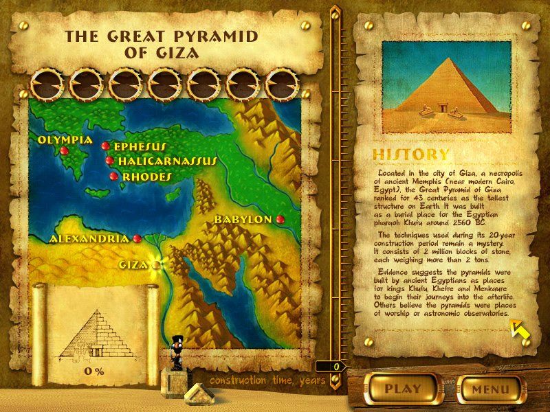 <small>7 Wonders of the Ancient World (Windows) screenshot:</small><br> Gyza piramid introduction