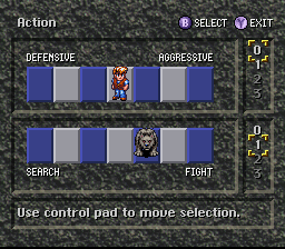 Secret of Evermore (SNES) screenshot: Character Actions In-Game Menu