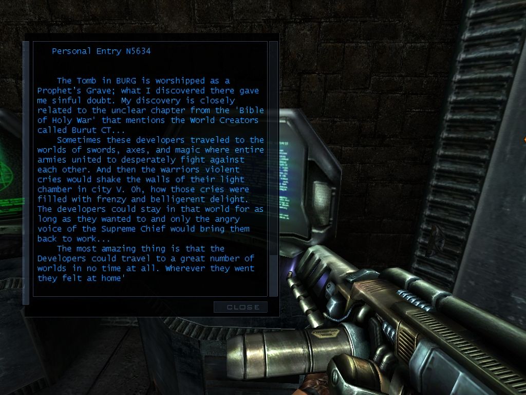 Kreed (Windows) screenshot: Burut CT indulge in a little self-referential humor in this diary entry