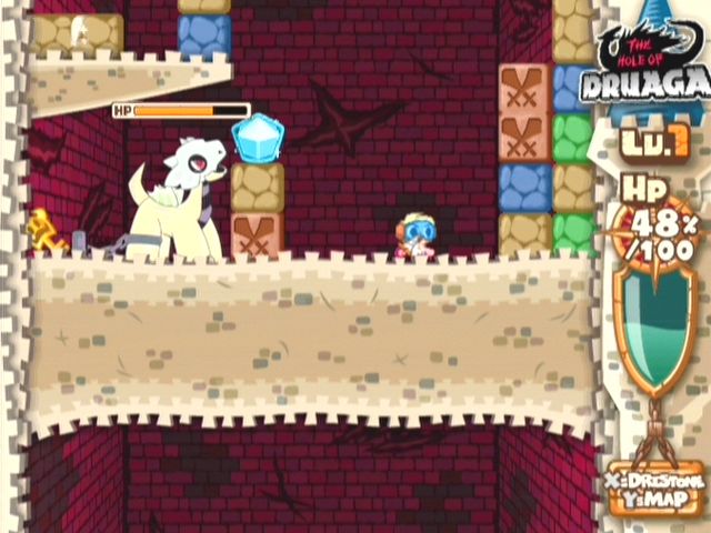 Mr. Driller: Drill Land (GameCube) screenshot: Battling the dragon for the key