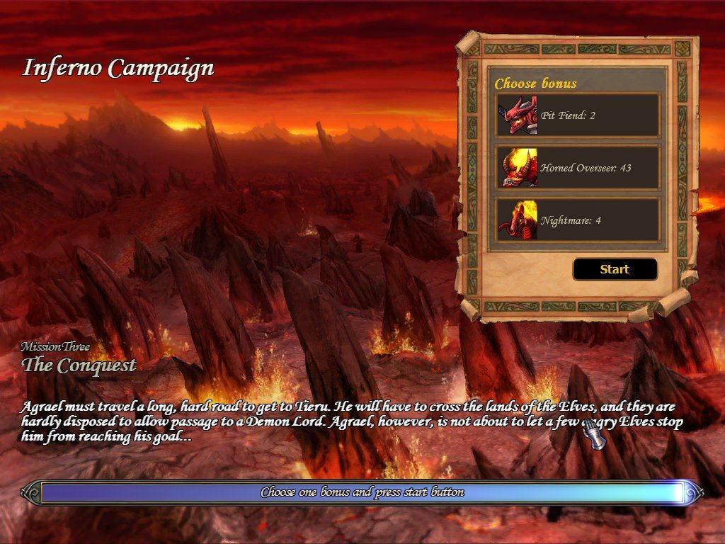 Heroes of Might and Magic V (Windows) screenshot: Before each mission, there are 3 bonuses to choose from.