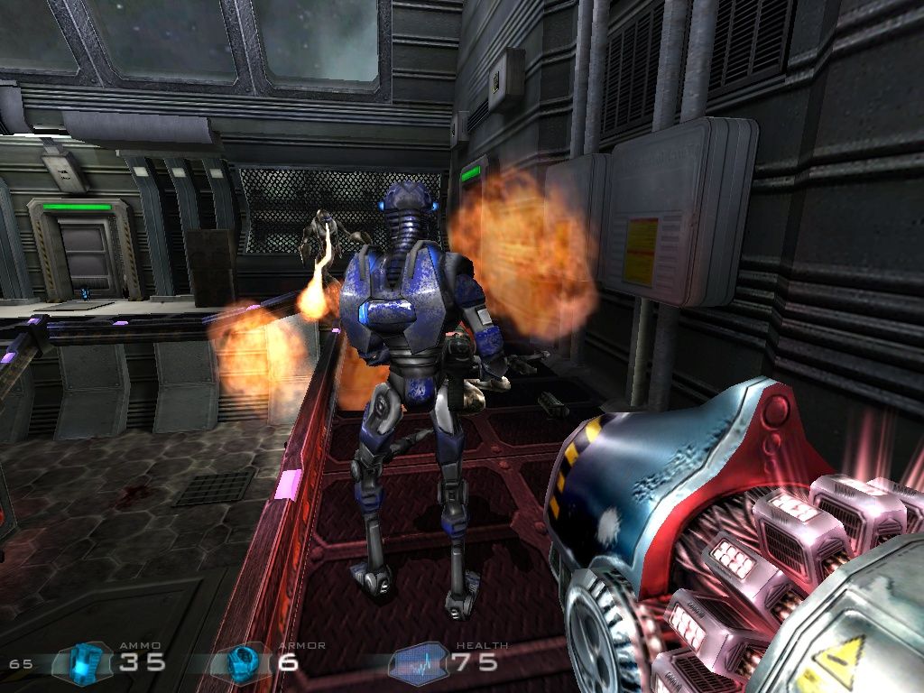 Kreed: Battle for Savitar (Windows) screenshot: Robot vs. fire-breathing monster. Both explode violently when shot. Should be fun to watch.