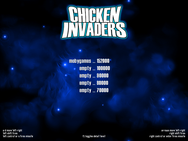 Chicken Invaders (Windows) screenshot: Main menu/ High Score table/ Options screen.