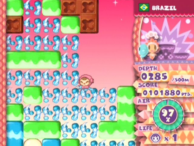 Mr. Driller: Drill Land (GameCube) screenshot: Brazil only has two different block colours