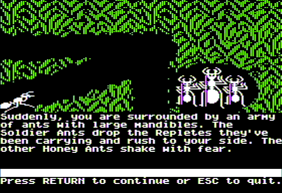 Microzine #23 (Apple II) screenshot: Escape from Antcatraz - Attacked by Army Ants