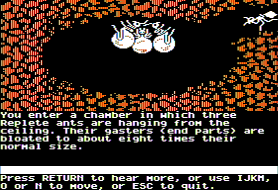Microzine #23 (Apple II) screenshot: Escape from Antcatraz - I Learn that Repletes are Basically Food Storing Ants