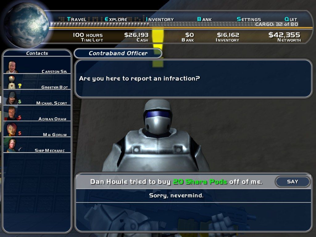 Space Trader (Windows) screenshot: ...or will you snitch to the law? It's your choice.