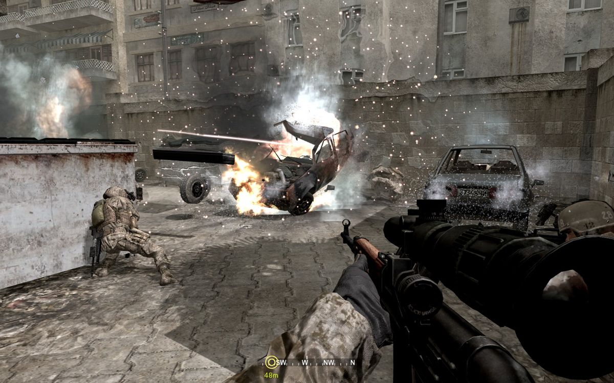 Call of Duty 4: Modern Warfare (Windows) screenshot: Be careful when hiding behind a car, they can blow up under heavy fire.