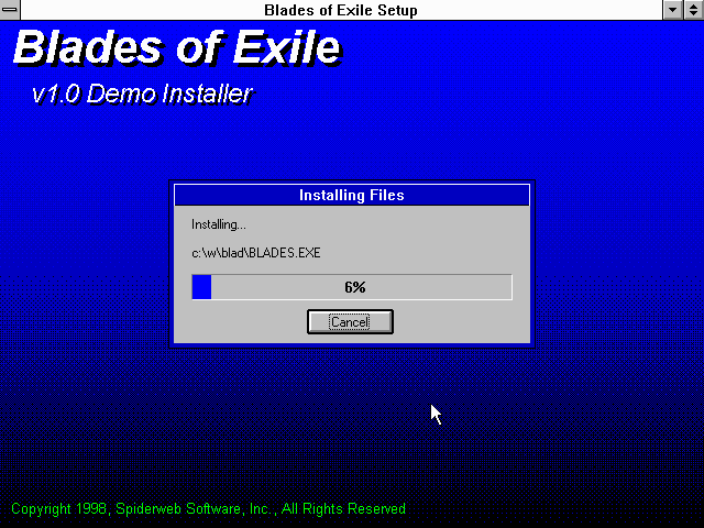 Blades of Exile (Windows 3.x) screenshot: I never thought I'd say it, but I miss that low-impact Win 3.x blue-gradient installation background.