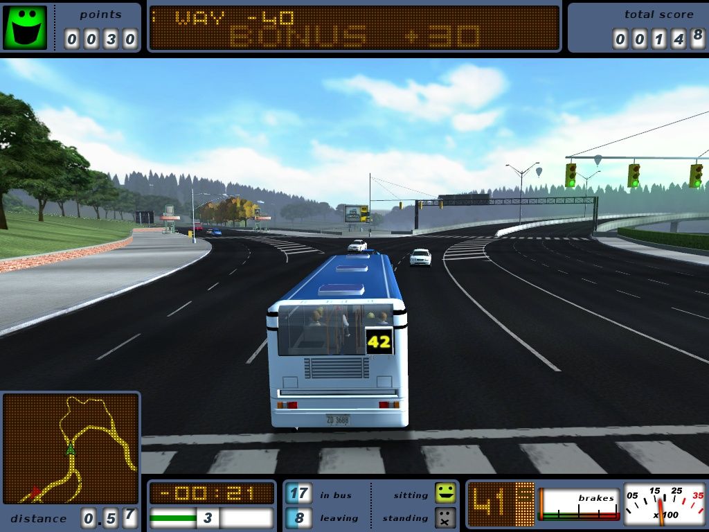 Bus Driver (Windows) screenshot: Carlos, no! I'm going the wrong way down the road, which loses me points, though I gain points for signalling properly.