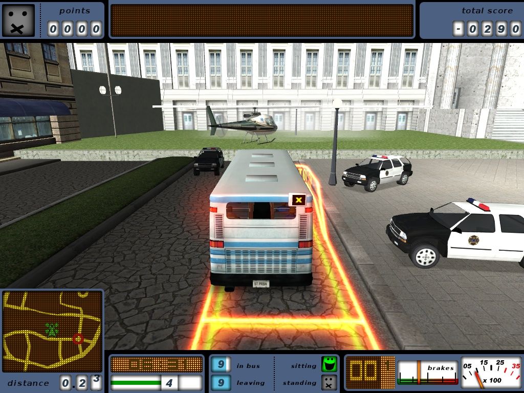 Bus Driver (Windows) screenshot: Arrival at the courthouse. I hit at least 5 cars, a couple of police cruisers and a fire-truck. I'd say the prisoners were entertained.