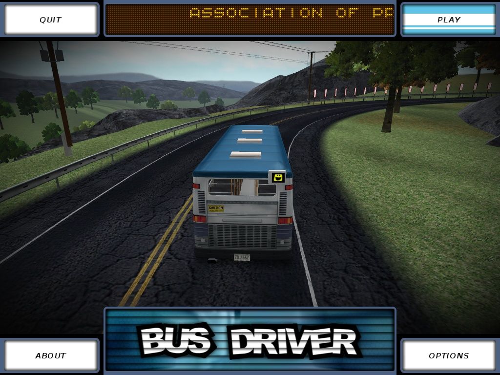 Bus Driver (Windows) screenshot: The main menu has some great bus drivin' music and an attractive rolling demo to get you in the mood.
