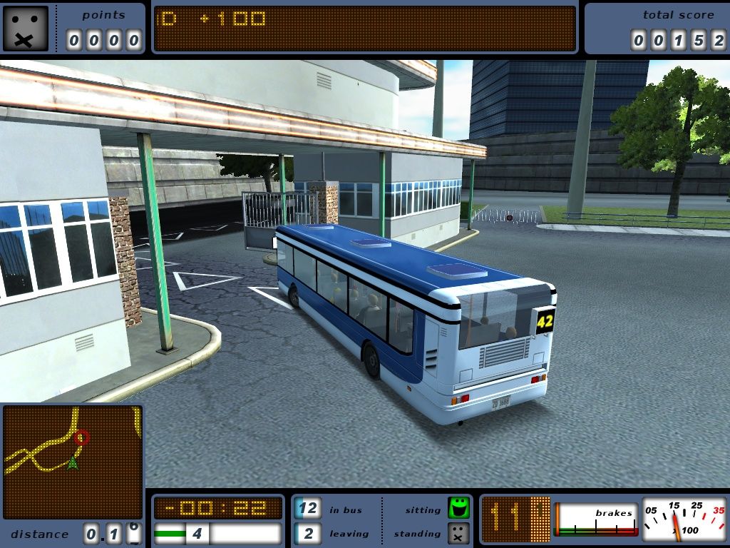 Bus Driver (Windows) screenshot: Carlos leaves the bus terminal on his second day on the job.