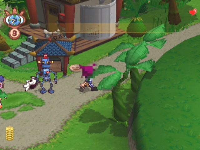 Giftpia (GameCube) screenshot: Outside Pockle's house. That Parole Officer doesn't know when to quit!