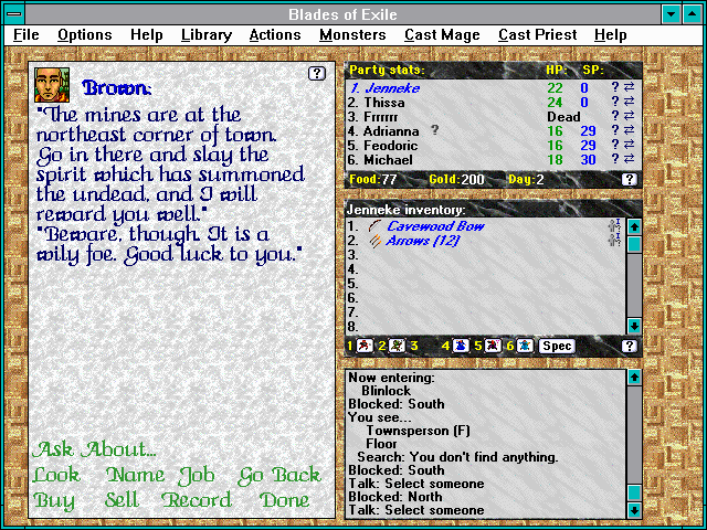 Blades of Exile (Windows 3.x) screenshot: Aha! A quest!