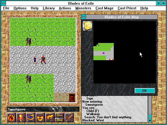 Blades of Exile (Windows 3.x) screenshot: Automapping in the town