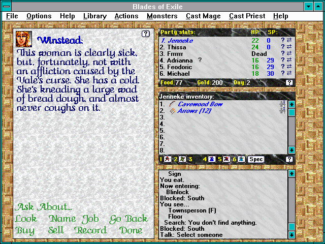 Blades of Exile (Windows 3.x) screenshot: I know my appetite is stirred by such prose!