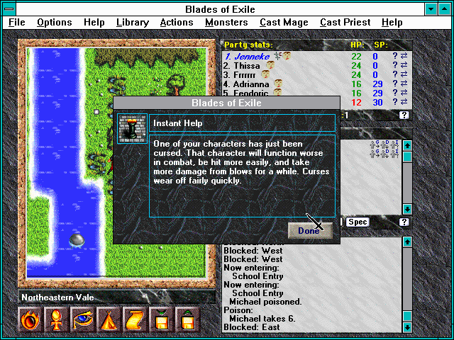 Blades of Exile (Windows 3.x) screenshot: Aw, curses. When it rains, it pours!