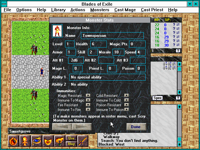 Blades of Exile (Windows 3.x) screenshot: Examining a townsperson.
