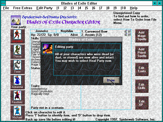 Blades of Exile (Windows 3.x) screenshot: The editor allows us to manipulate crucial RPG details, massaging the data deeply.
