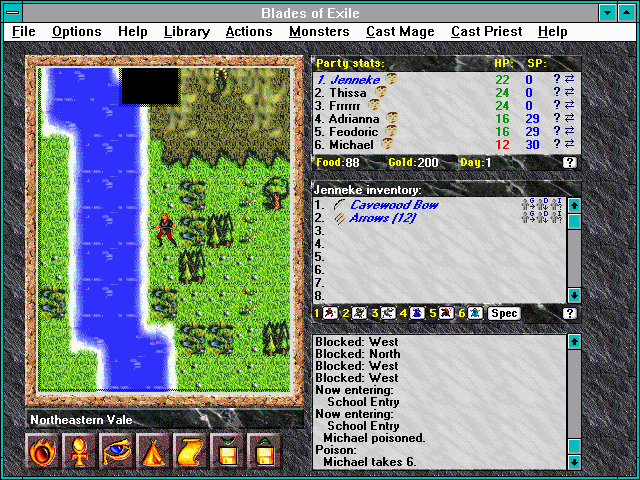 Blades of Exile (Windows 3.x) screenshot: If you look next to our faces, you will see that the whole party is poisoned!