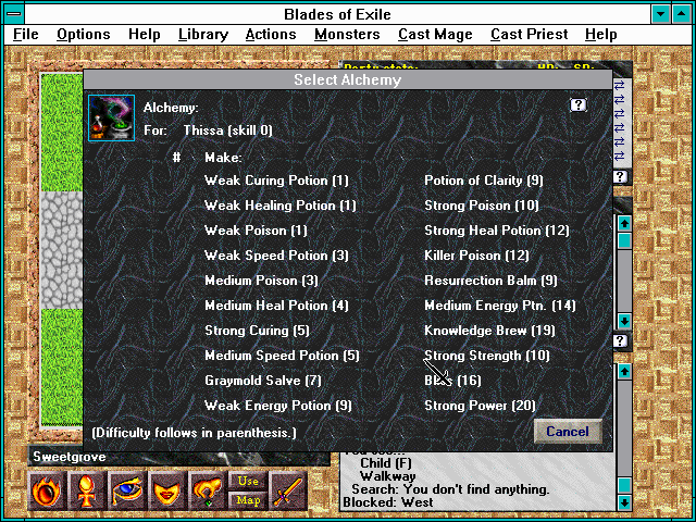 Blades of Exile (Windows 3.x) screenshot: Some of my alchemical options
