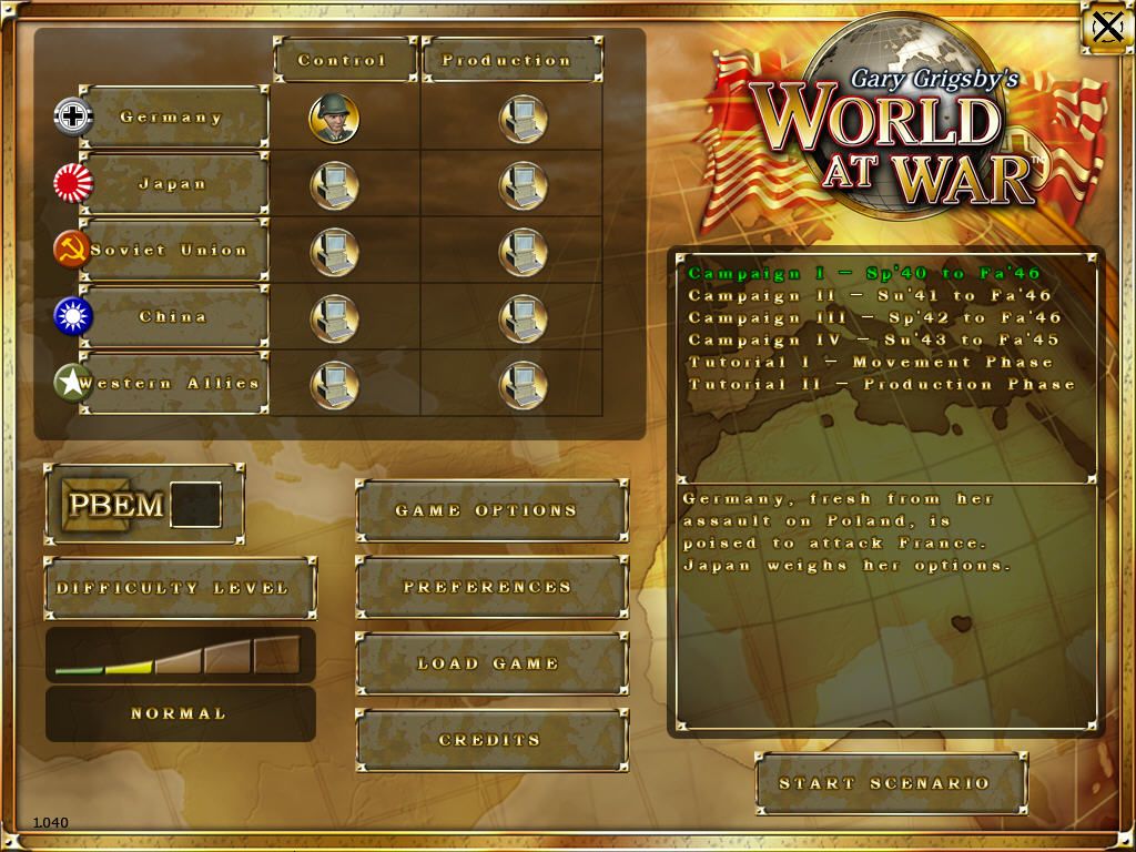 Gary Grigsby's World at War (Windows) screenshot: Main menu